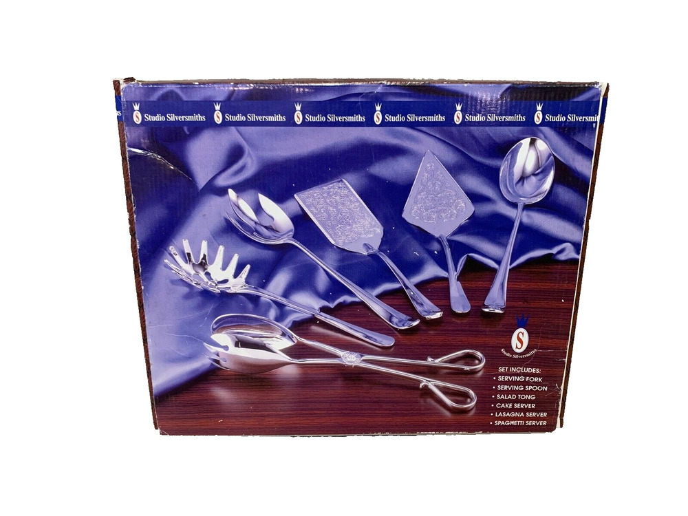New Studio Silversmiths 5 Piece 12" Serving Set SilverPlated SaladTong SpoonFork